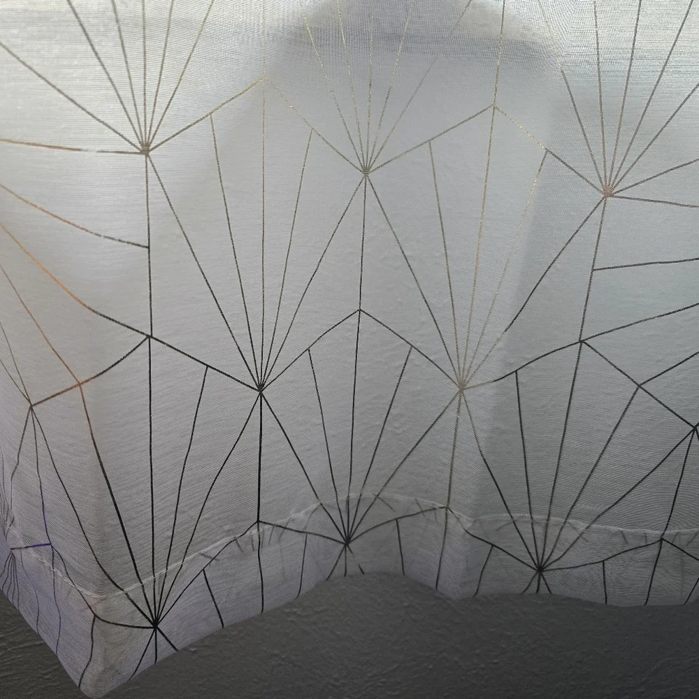 White Sheer Curtains With Gold Foil Geometric Pattern H63